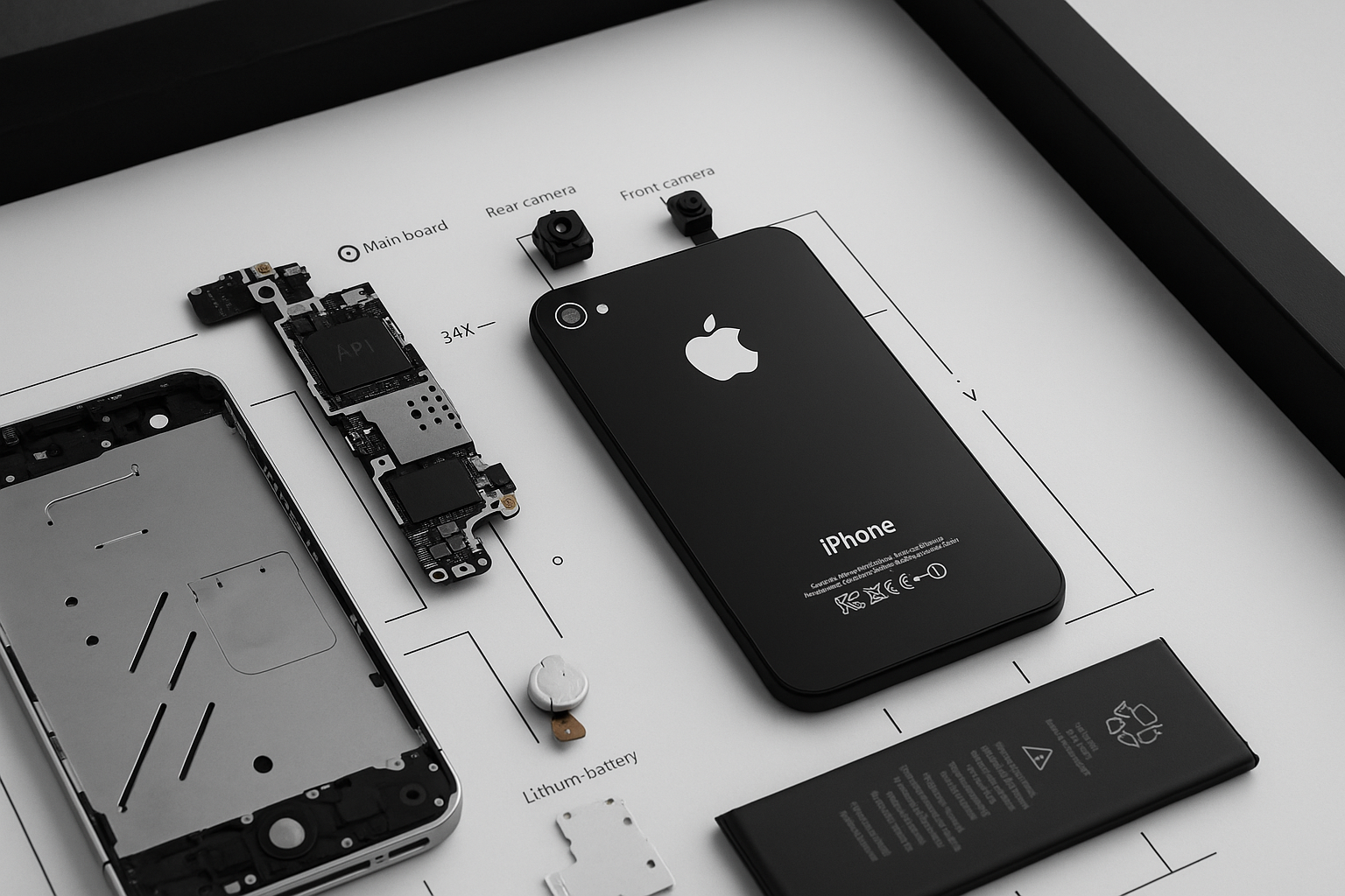 Vue éclatée d'un iPhone en cours de réparation