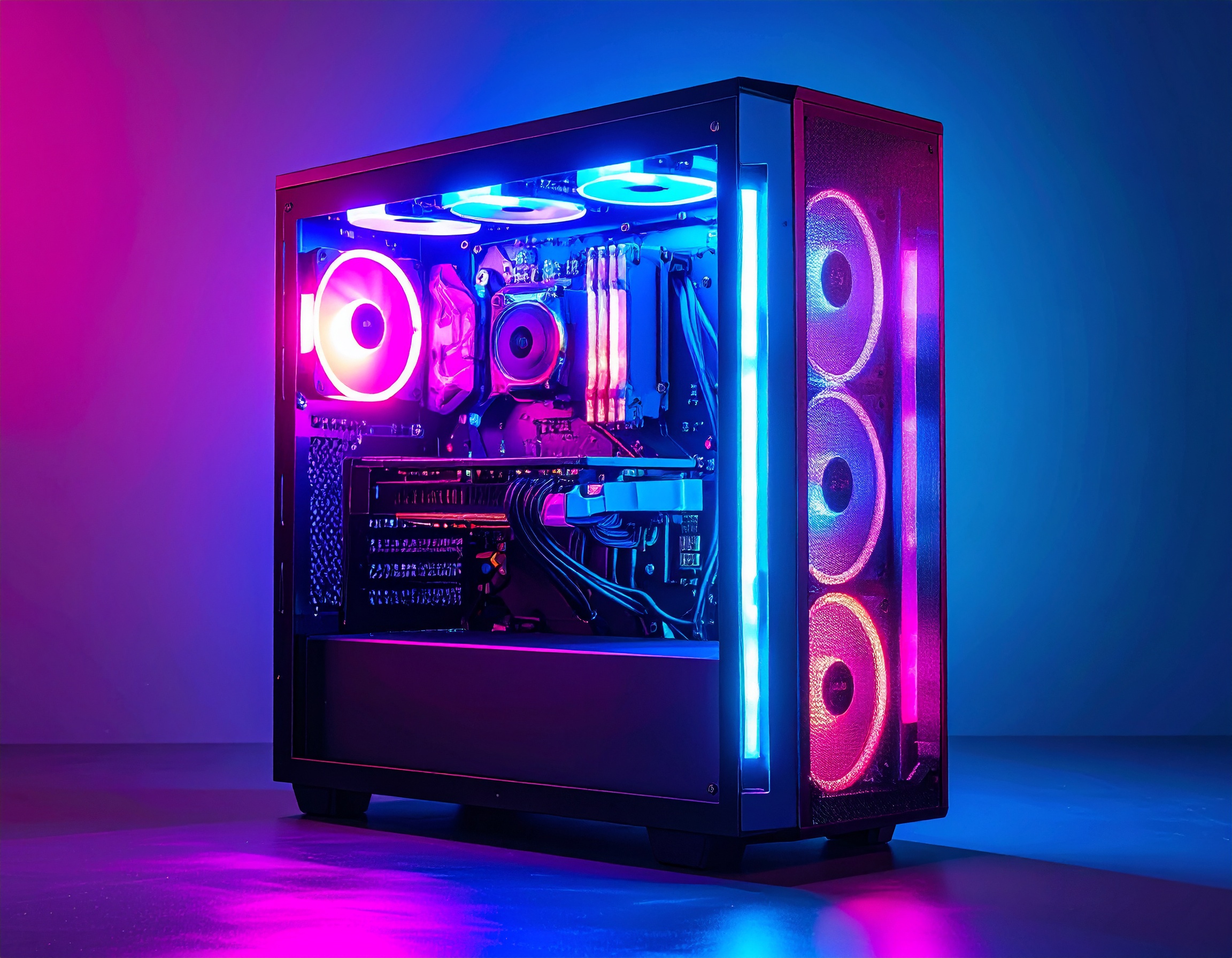 Intérieur d'un PC gamer haut de gamme illuminé
