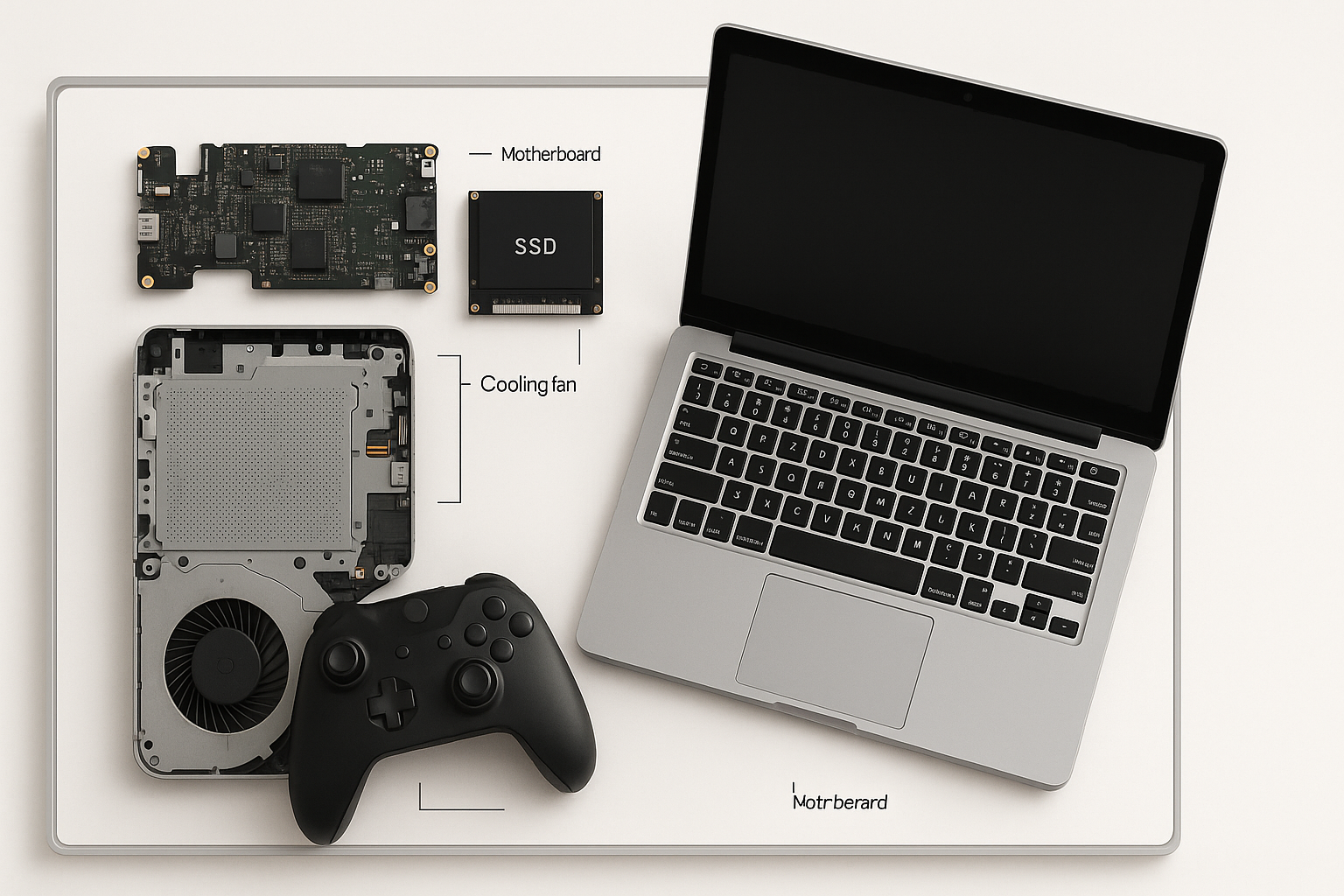 Ensemble d'appareils : PC portable, manette de PS5 et smartphone