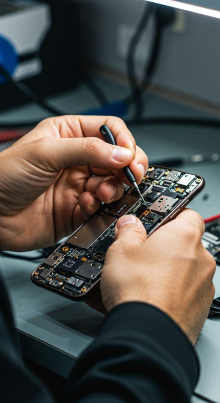 Technicien réparant un smartphone